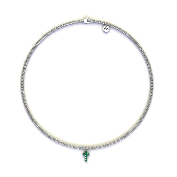 Sterling Silver Cross Necklace - 6 Intense Green Natural Emeralds