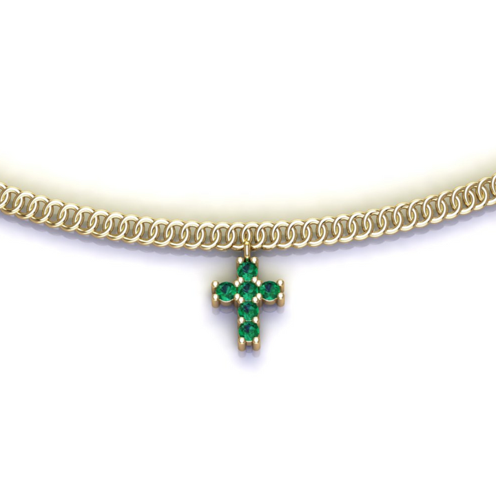 14ct Gold Cross Necklace - 6 Intense Green Natural Emeralds