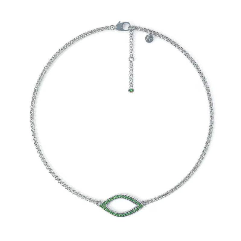14ct White Gold setting Sterling Silver chain Necklace - 38 Green Emeralds - Myne Jewellery US