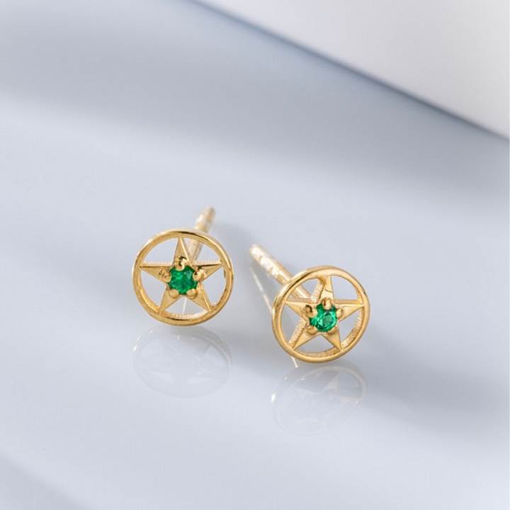 Star Power Earrings with 1 Intense Green Natural Emerald in Gold Over Sterling Silver