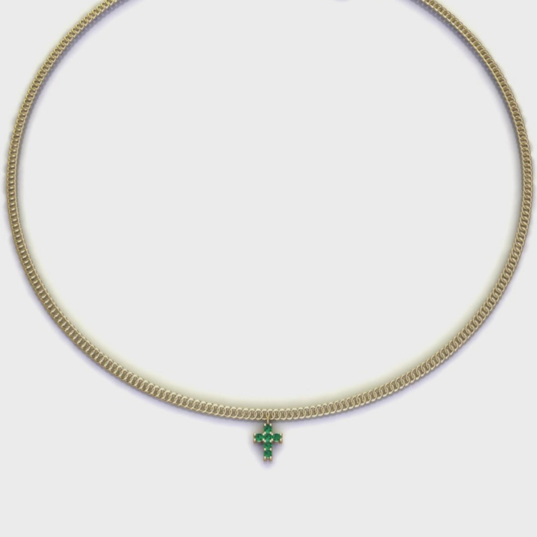 14ct Gold Cross Necklace - 6 Intense Green Natural Emeralds